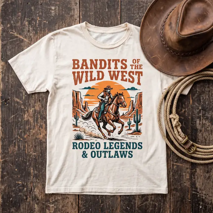 Capture bold frontier adventure with retro custom printed tee shirts. Crafted with quality t shirt printing, this western graphic highlights vibrant earth tones on premium cotton. Order t shirts online with fast t shirt printing to get the best custom t shirts made to last on the range.