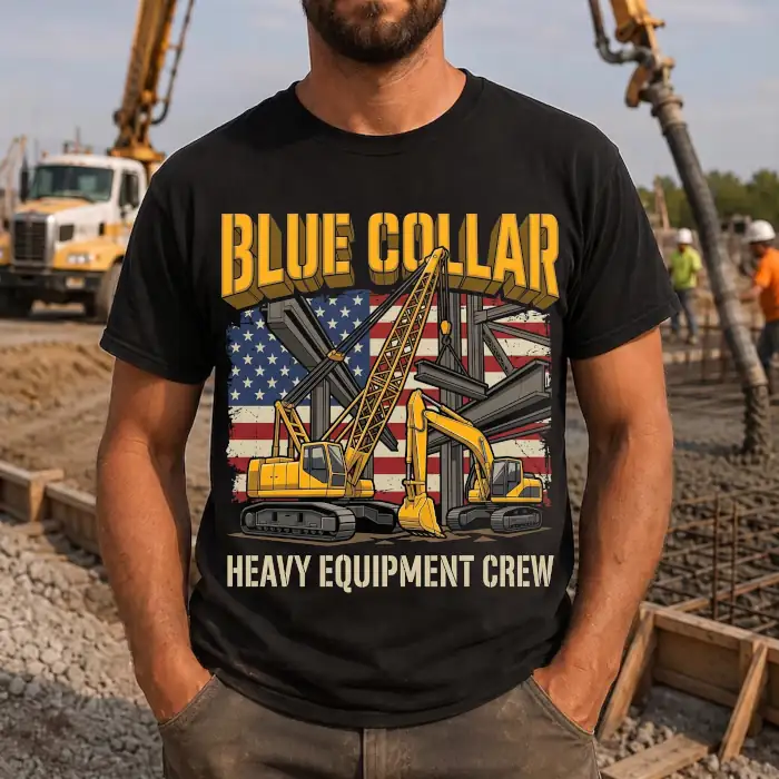 Construction worker wearing a Blue Collar Heavy Equipment Crew patriotic graphic t-shirt.