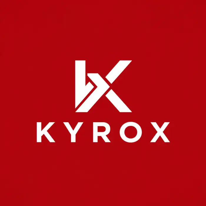 Bold custom sports and fitness logo design for the brand Kyrox, featuring a sharp, dynamic white geometric lettermark and strong modern typography on a vibrant red background.