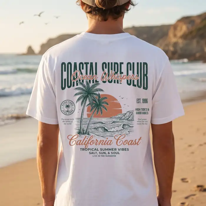 Back print of a white Coastal Surf Club California tropical beach sunset graphic t-shirt.