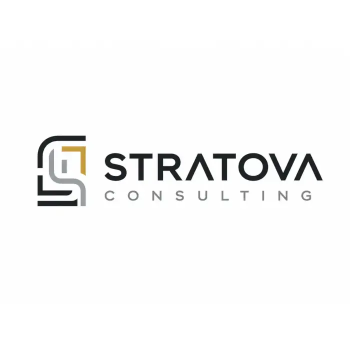 Custom corporate logo design for Stratova Consulting, featuring a professional geometric monogram icon in black, grey, and gold.