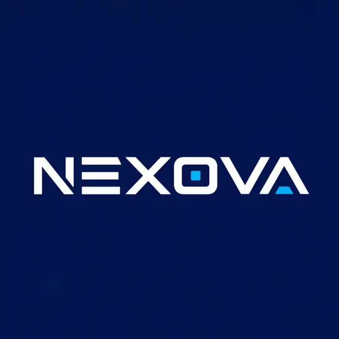Custom futuristic wordmark logo design for the tech brand Nexova, featuring bold white custom geometric typography with subtle bright blue digital accents on a dark navy background.