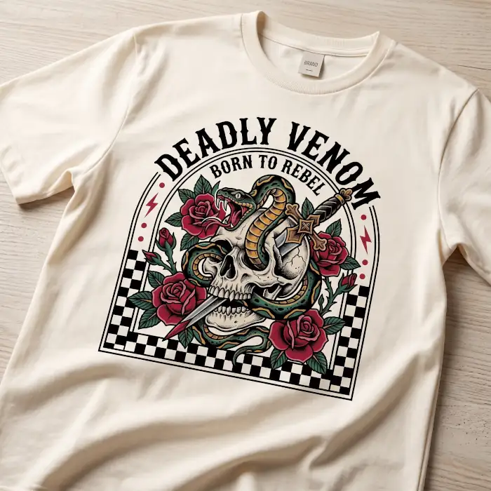Cream-colored vintage t-shirt printed with traditional tattoo dagger, skull, snake, and roses.