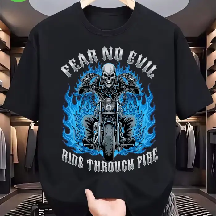 Black graphic t-shirt featuring a skull biker in blue flames with Fear No Evil lettering.
