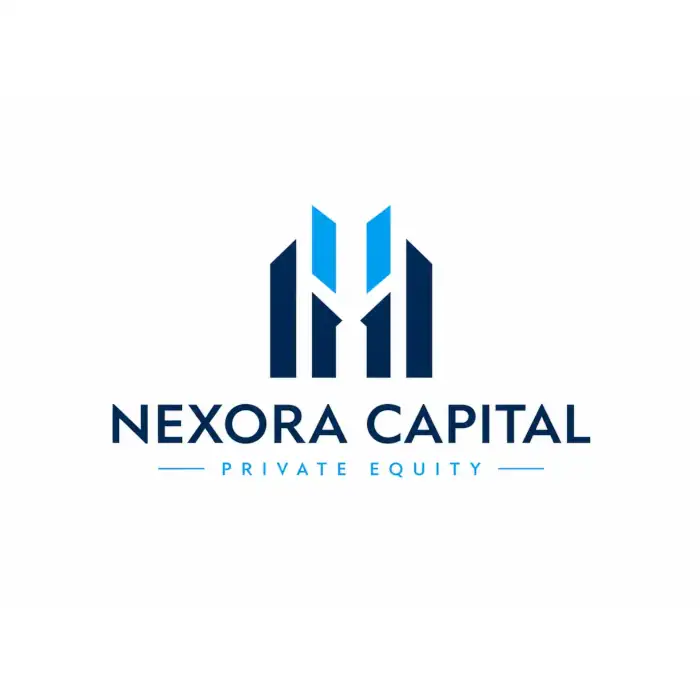 Custom financial logo design for Nexora Capital Private Equity, featuring a blue geometric abstract icon symbolizing stability, paired with professional corporate typography.