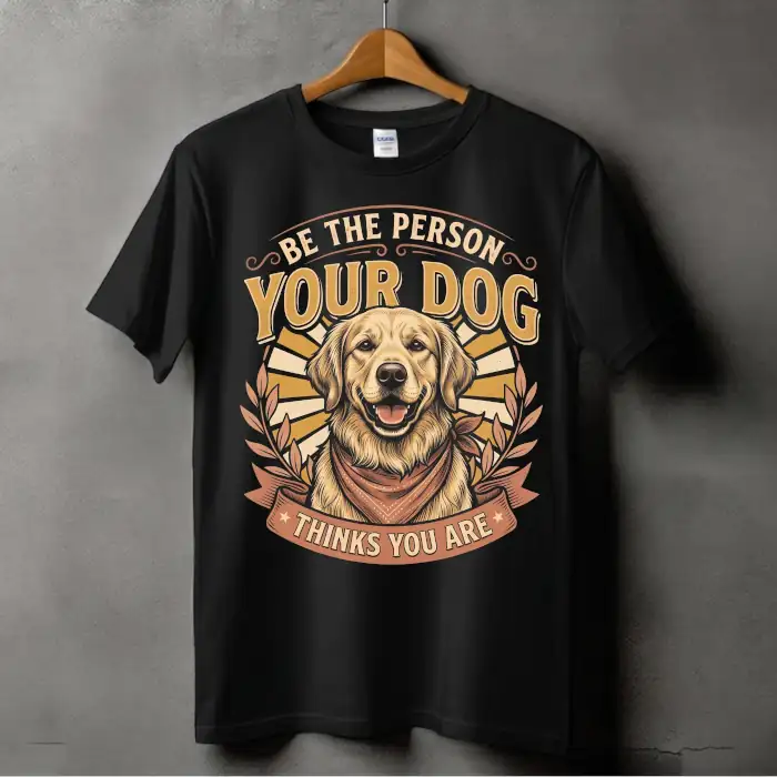 Black custom graphic t-shirt featuring a smiling Golden Retriever with Be The Person quote.