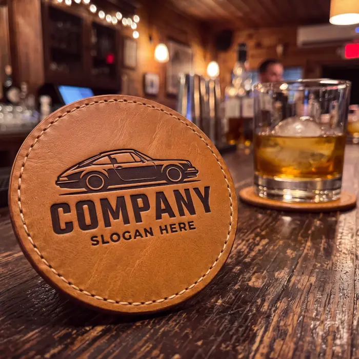 Close-up of a custom laser-engraved leather coaster resting on a bar, featuring a sports car logo. This demonstrates the crisp, clean burns achievable on leather goods using our precision, machine-ready vector files.