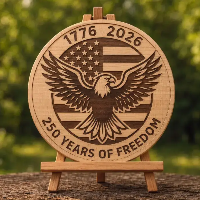 A finished laser-engraved wooden plaque on an easel featuring a patriotic eagle and flag design, demonstrating the crisp, high-quality results achievable with our custom engraving vector files.