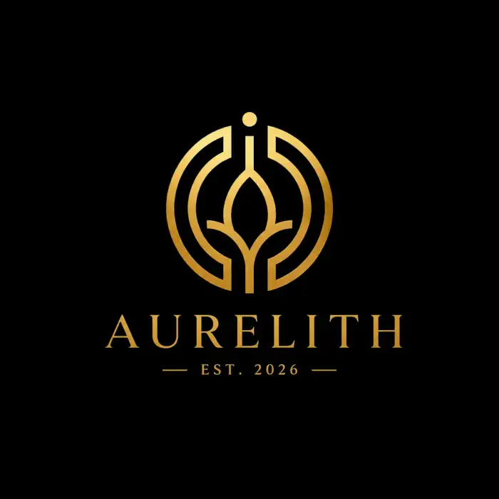 Custom luxury logo design for the brand Aurelith, featuring an elegant gold geometric emblem and premium serif typography on a black background.