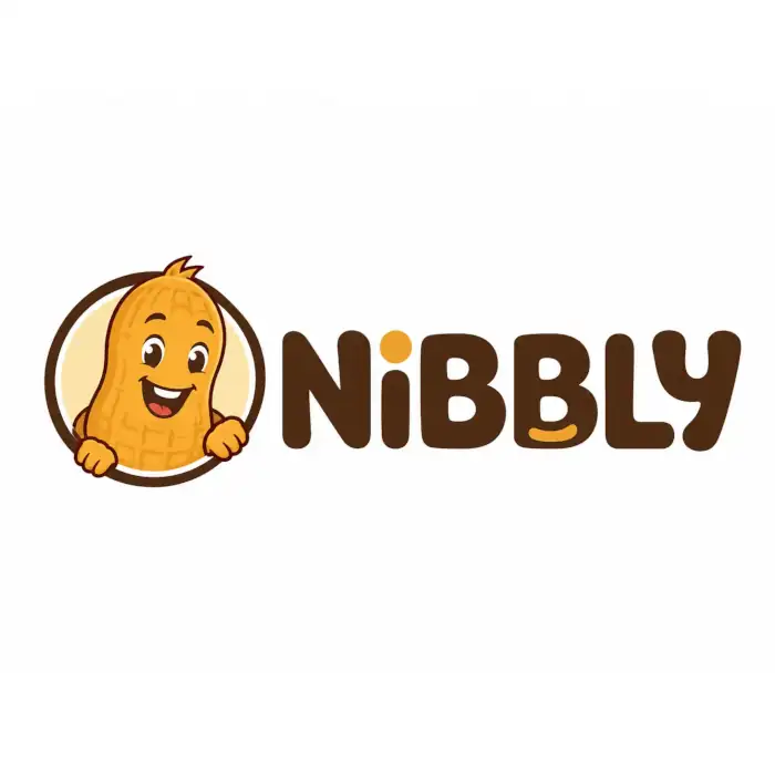 Custom mascot logo design for the snack brand Nibbly, featuring a playful, smiling cartoon peanut character and fun, rounded typography.