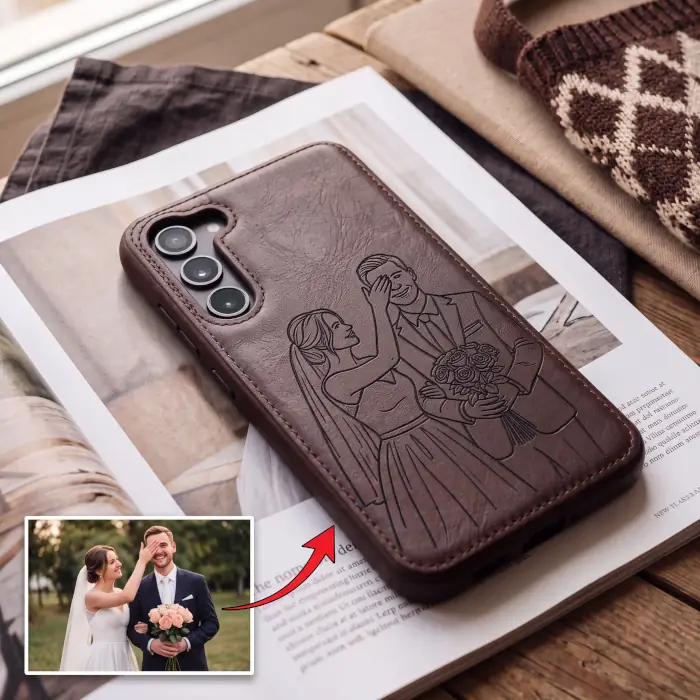 A before-and-after example showing a color wedding photograph manually converted into a clean, continuous-line vector illustration, beautifully laser-engraved onto a brown leather phone case.