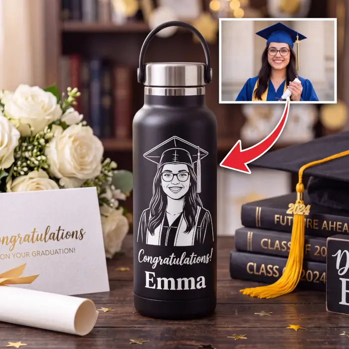 A before-and-after example showing a full-color graduation photograph manually traced into a crisp line-art vector design, perfectly optimized for laser engraving onto a black powder-coated tumbler.