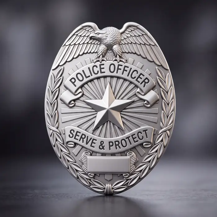 A highly detailed silver police officer badge featuring a sculpted eagle and star. We provide the precise vector cut files and grayscale depth maps required for CNC routing and deep fiber laser engraving of metal badges.