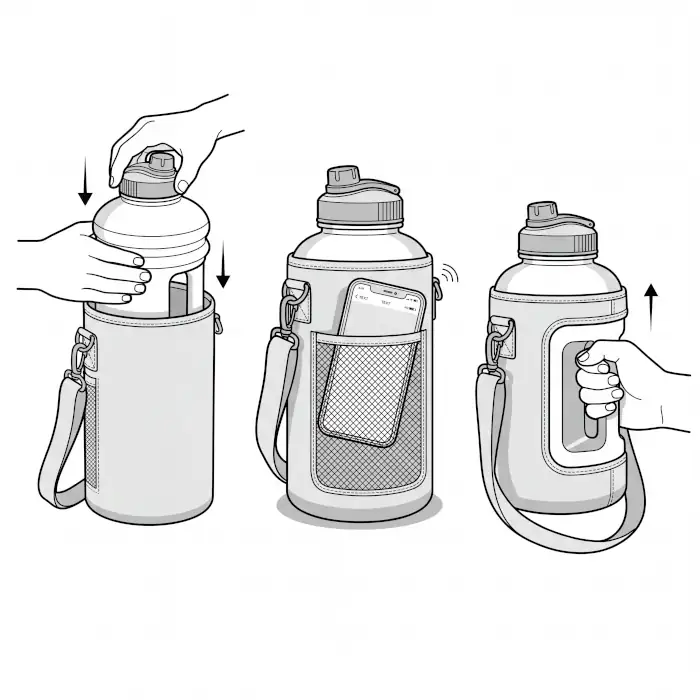 Step-by-step product manual technical vector drawing showing how to insert, carry, and use an insulated water bottle sleeve and phone pocket.