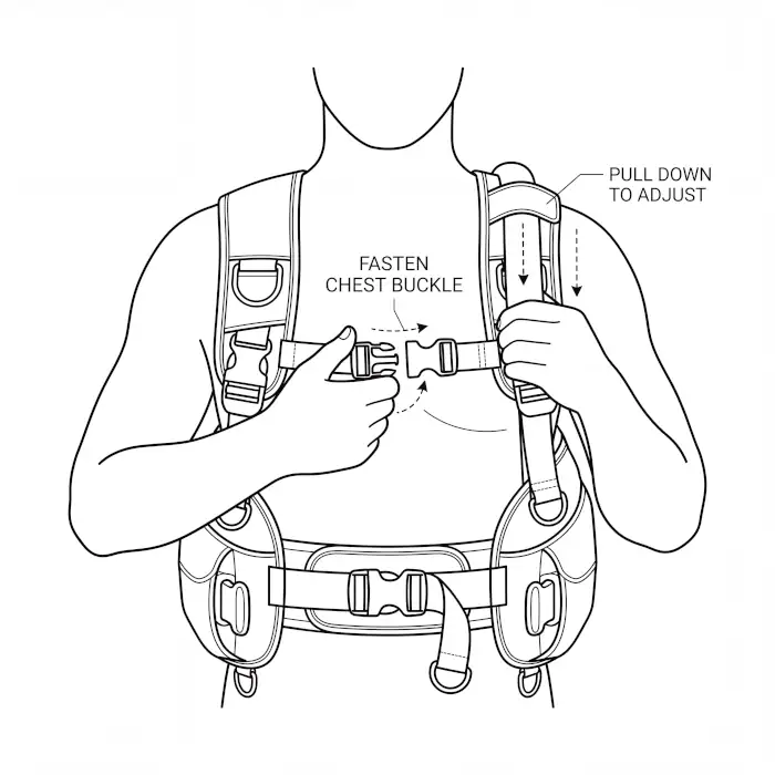 Technical vector line drawing for a product user manual showing how to fasten the chest buckle and adjust shoulder straps on a safety harness.