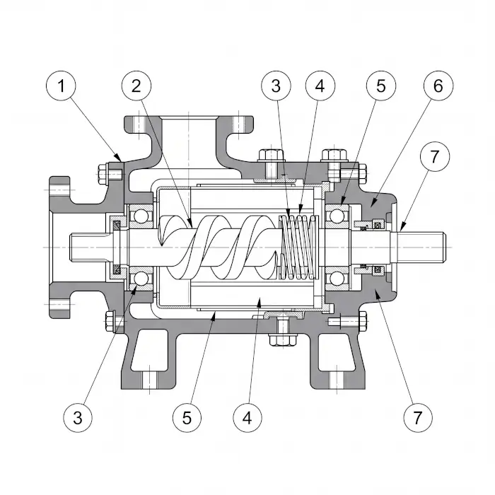 2D mechanical cross-section technical vector drawing of an industrial screw pump with numbered balloon callouts, created for parts manuals and technical documentation.