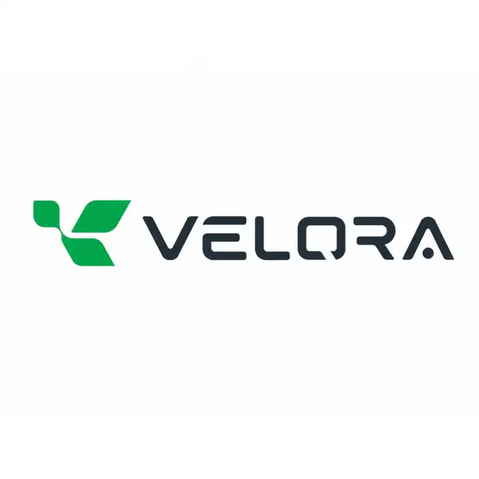 High-quality vector logo design for the brand Velora, showcasing a green geometric emblem and clean modern lettering created by Vector Artwork.
