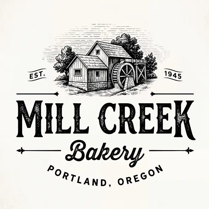 Custom vintage bakery logo design for Mill Creek, featuring a highly detailed, hand-drawn woodcut illustration of a rustic watermill paired with distressed retro typography.