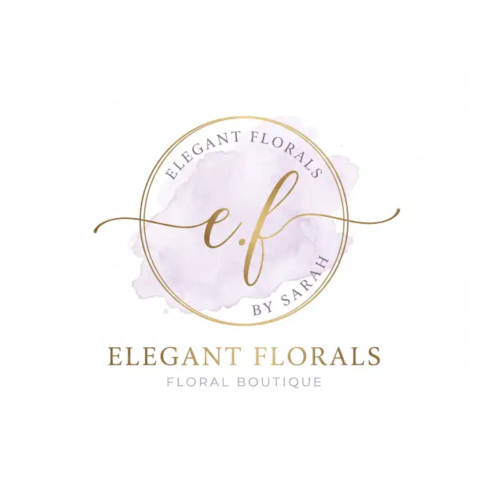 Custom watercolor and gold foil logo design for Elegant Florals, featuring a soft light purple paint splash background, delicate gold rings, and an elegant calligraphy monogram.