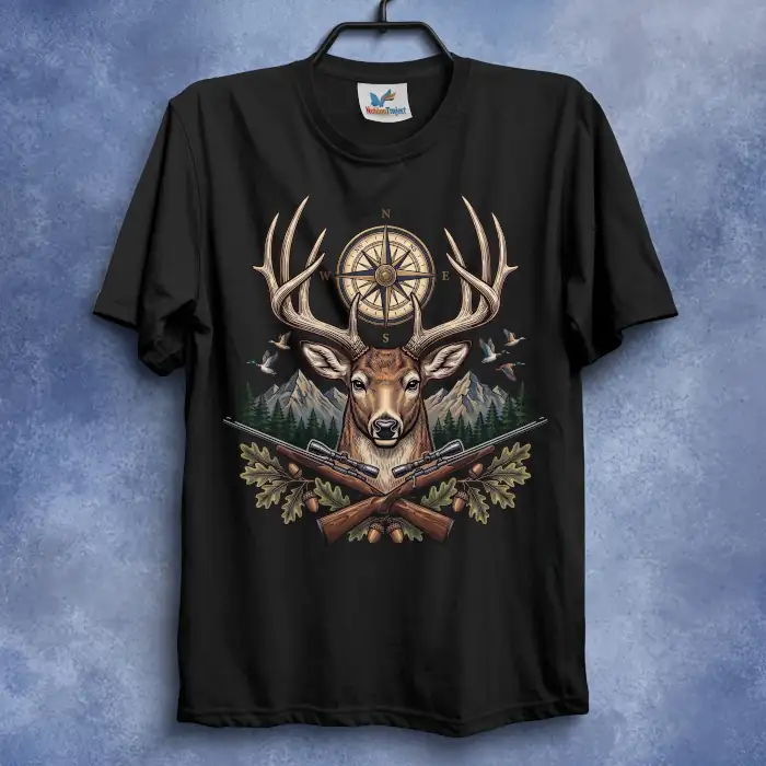 Black outdoor t-shirt featuring a trophy buck with antlers, crossed rifles, and compass graphic.