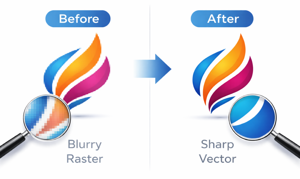 A before and after comparison of a flame logo being converted from a blurry, pixelated raster image to a sharp, high-resolution vector graphic.
