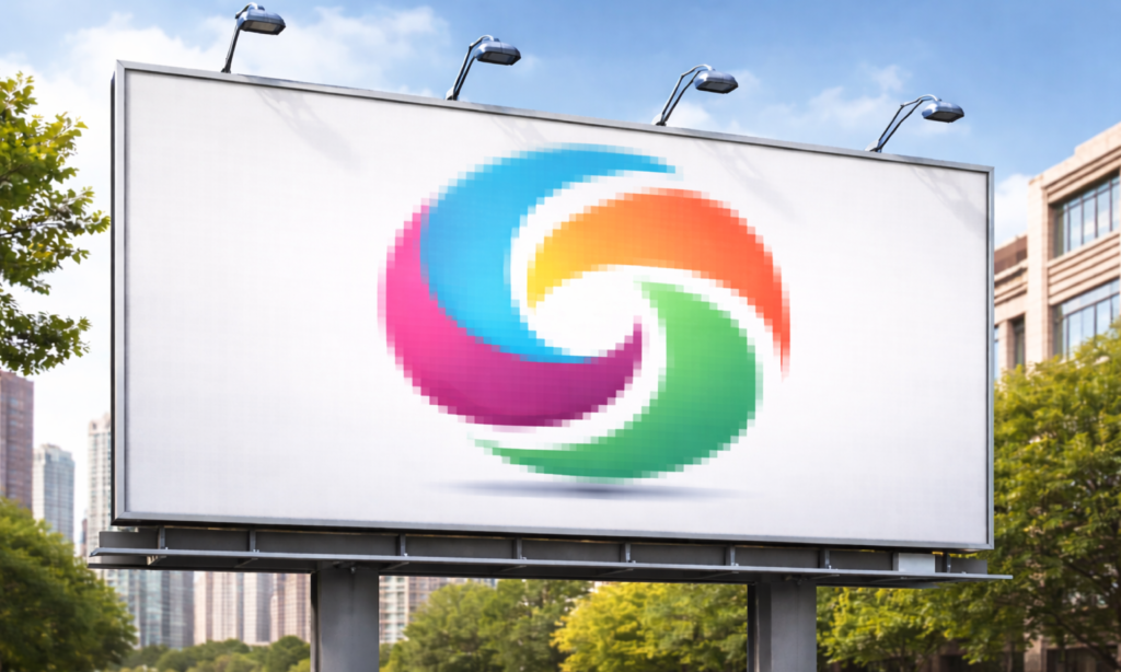A realistic outdoor billboard mockup featuring a blurry and heavily pixelated swirl logo, demonstrating the poor quality of low-resolution raster printing for large-scale advertising.