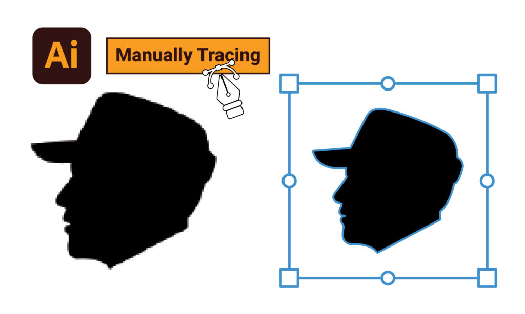 A digital illustration showing the manual tracing process in Adobe Illustrator, where a pixelated black silhouette of a person’s profile is being converted into a clean vector path using anchor points and Bezier curves.