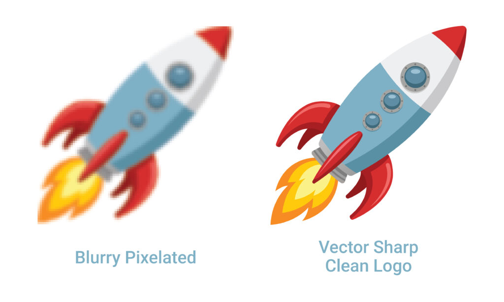A side-by-side comparison of a cartoon rocket logo, showing a blurry pixelated raster version on the left and a sharp, clean vector version on the right.