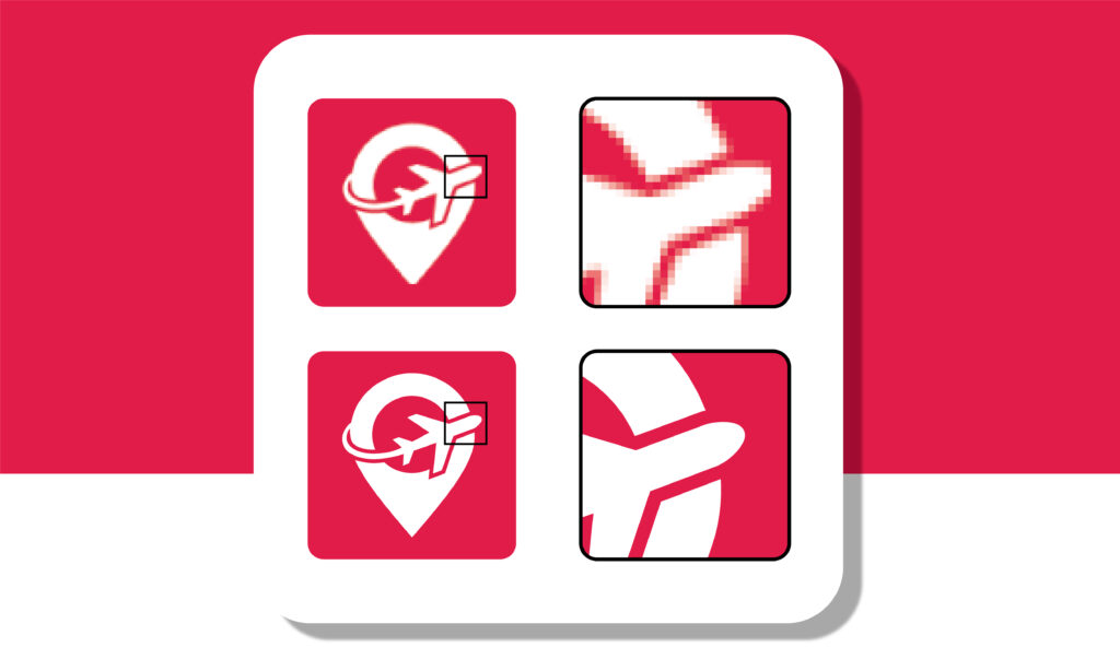 A four-panel comparison showing a red and white travel icon featuring a plane and location pin; the top panels show visible pixelation when zoomed in, while the bottom panels show clean, smooth vector edges.