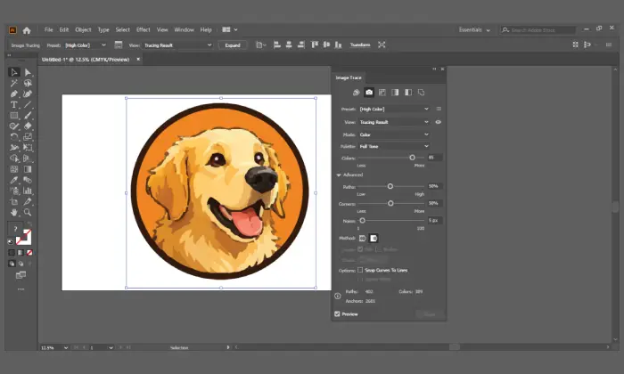 A screenshot of the Adobe Illustrator workspace showing the Image Trace panel settings being used to convert a pixelated golden retriever dog illustration into a vector graphic