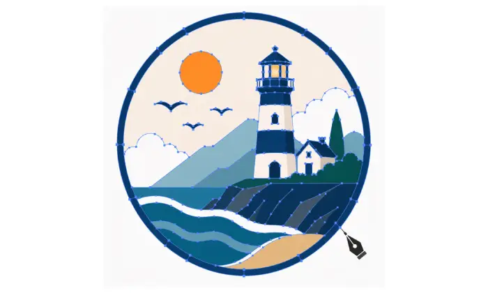 A digital workspace showing a designer manually tracing a circular lighthouse landscape illustration with the pen tool, featuring visible blue vector paths and anchor points over a clean coastal scene