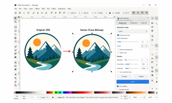 A screenshot of the Inkscape software interface displaying a side-by-side comparison of an original mountain landscape JPG and its vectorized version using the Trace Bitmap tool, with the settings panel visible on the right