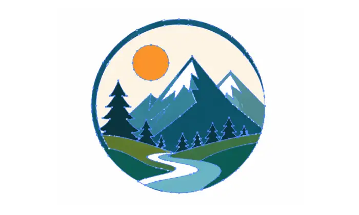 A circular mountain landscape illustration showing visible blue vector paths, anchor points, and Bezier curves after being expanded in design software, demonstrating the scalable structure of the graphic