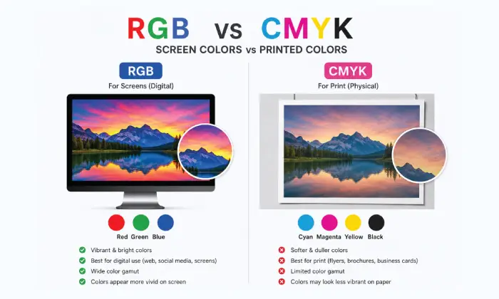 RGB to CMYK color shift example in printed artwork