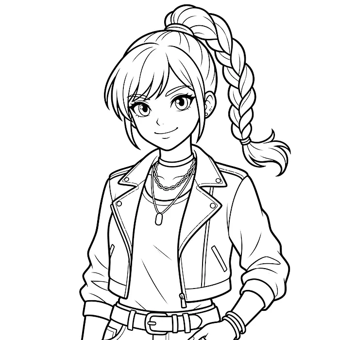 A black and white anime-style line art illustration of a smiling young girl with bangs and a braided ponytail, wearing a cropped leather jacket, necklaces, and a belt.