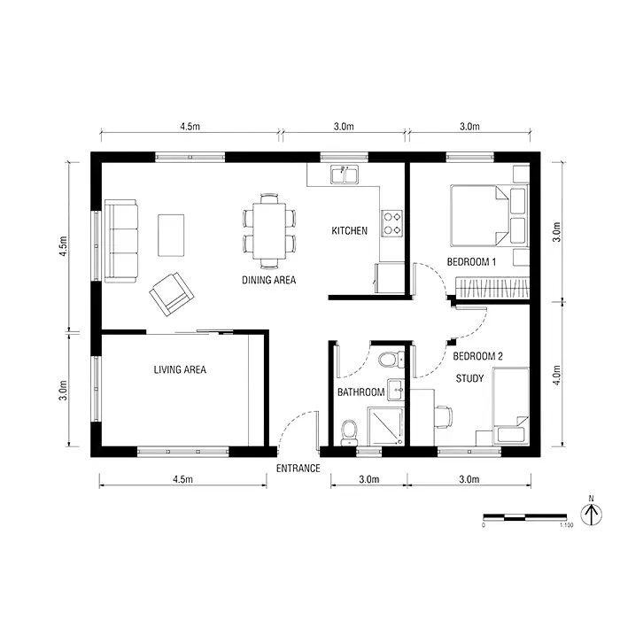 A 2D architectural line art drawing of a two-bedroom apartment floor plan, showing layout designs for the entrance, living area, dining area, kitchen, bathroom, bedroom, study, and basic furniture symbols with measurements.