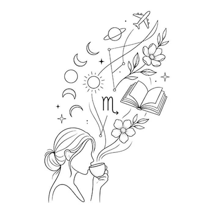 An aesthetic black and white line art illustration of a woman in profile drinking from a cup, with whimsical steam rising that contains moon phases, stars, flowers, an open book, a plane, and the Scorpio zodiac symbol.