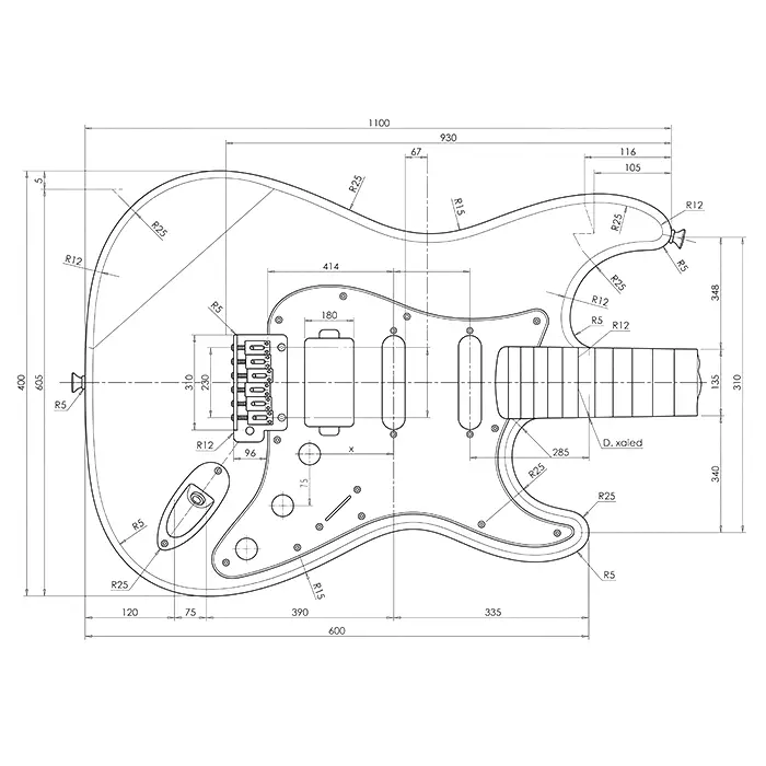 A detailed technical engineering blueprint and CAD line art drawing of an electric guitar body, showing precise dimension lines, measurements, radius values, and pickguard layout details.