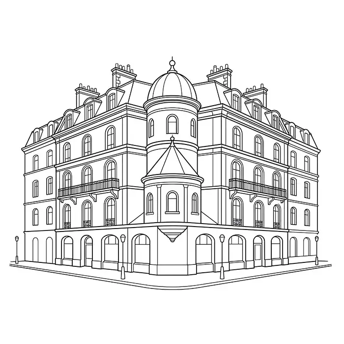 A detailed black and white line art illustration of a classic European corner building with a central dome turret, arched windows, balconies, and street lamps.