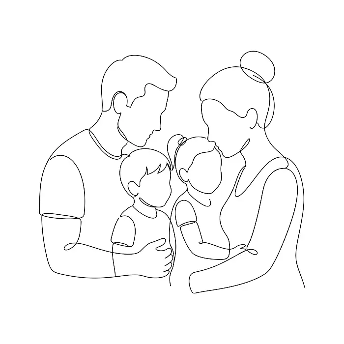 A minimalist continuous one-line art illustration of a family of four—a father, mother, young son, and daughter—standing closely together in a gentle, loving embrace, drawn with a single flowing black line.