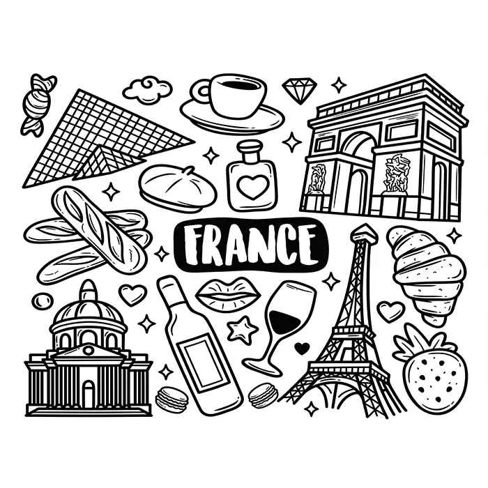 A collection of hand-drawn black and white doodle line art illustrations representing France and Paris, including the Eiffel Tower, Arc de Triomphe, Louvre, croissants, baguettes, wine, macarons, and the word "FRANCE".