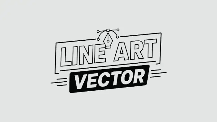 Black and white graphic banner displaying "Line Art Vector" with a pen tool bezier curve icon, representing line art vector conversion services.