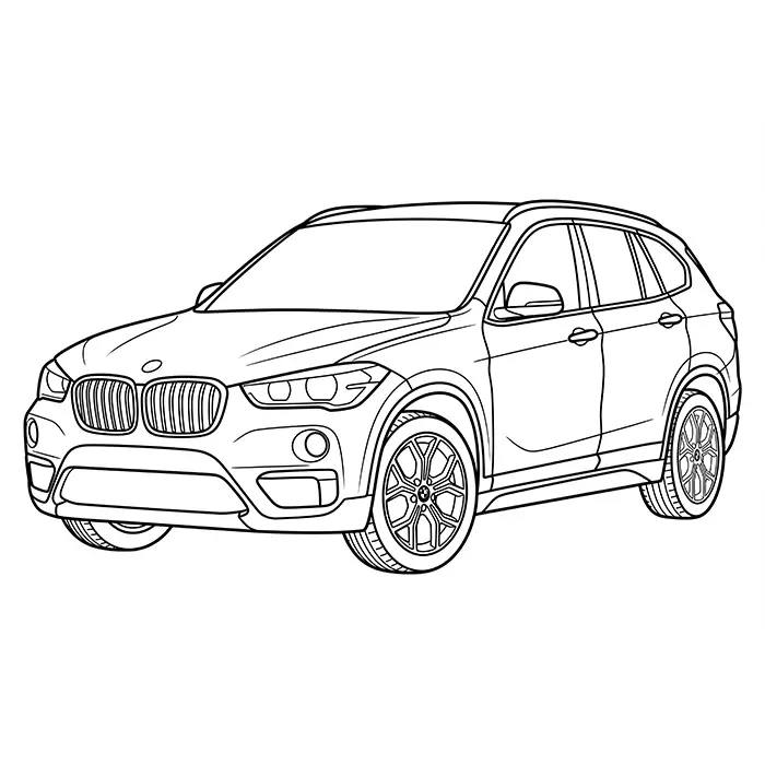 A clean black and white line art vector illustration of a modern SUV car from a three-quarter front angle, highlighting the headlights, grille, and wheels.