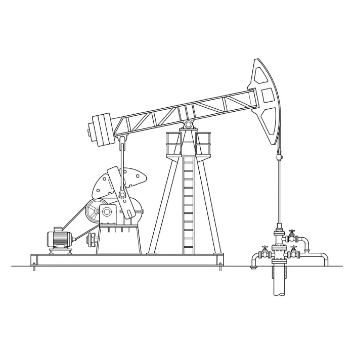 Black and white technical line art illustration of an industrial oil pumpjack showing the motor, walking beam, horsehead, and wellhead assembly.