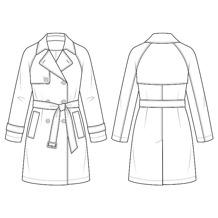 A detailed black and white fashion technical line art drawing of a double-breasted belted trench coat, showing both the front and back views with detailed stitching lines.