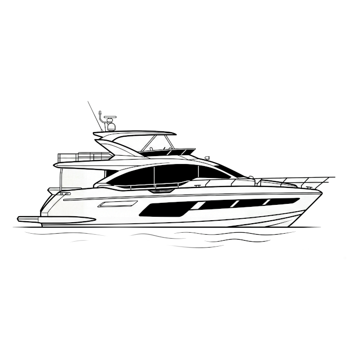 A minimalist black and white vector line drawing of a modern luxury motor yacht with a flybridge and sleek windows, floating on simple wave lines.