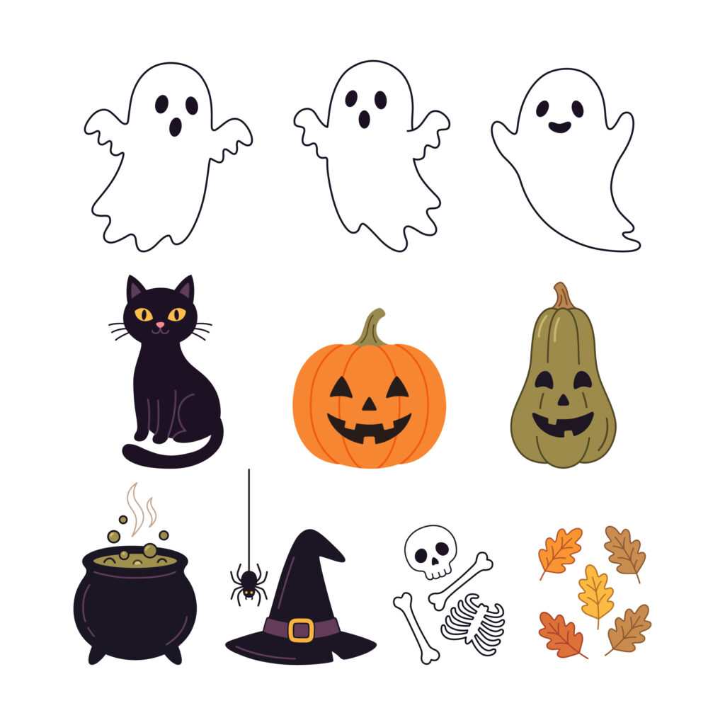Cute Halloween vector set with ghosts pumpkins black cat witch hat and cauldron