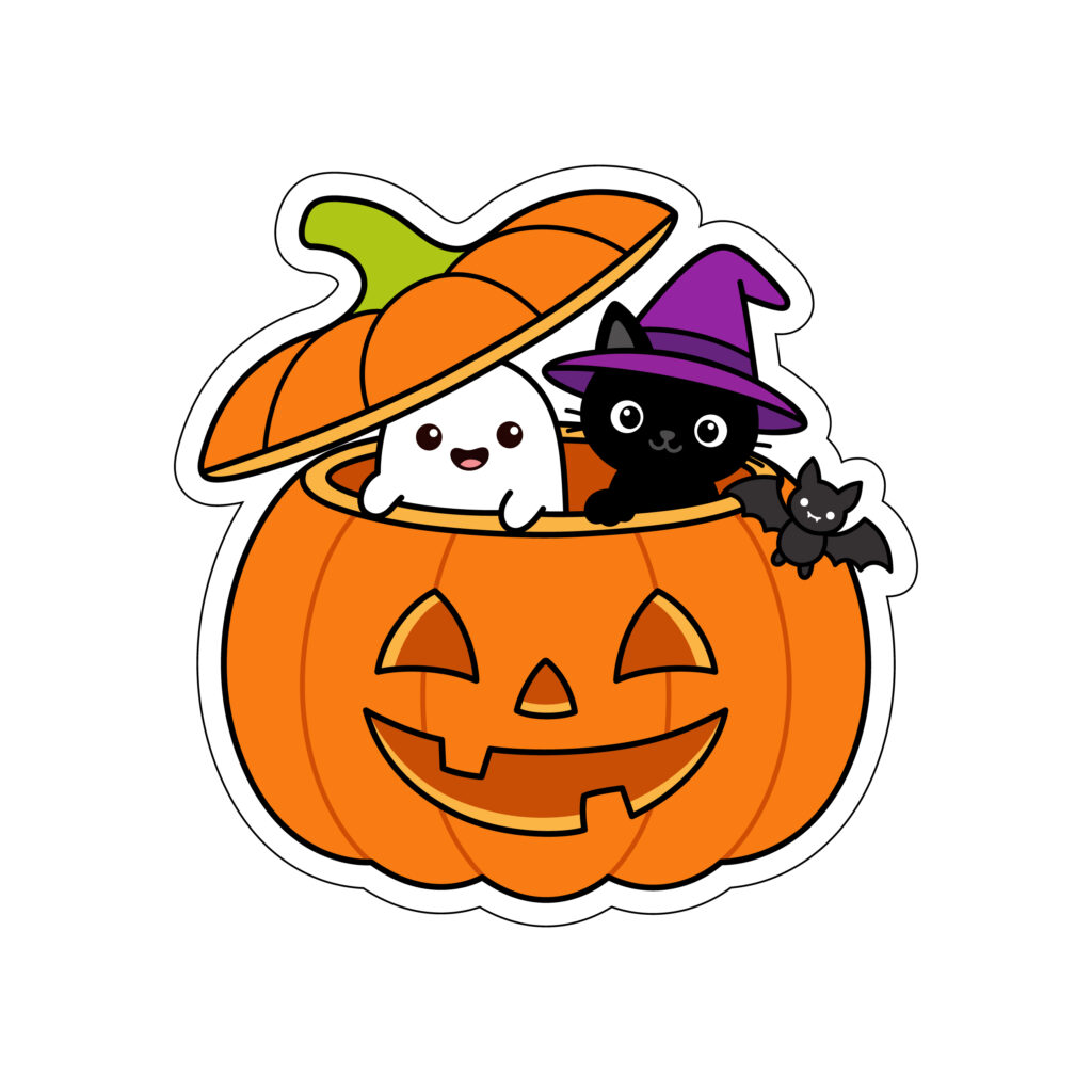 Cute ghost black cat and bat inside carved orange pumpkin for Halloween