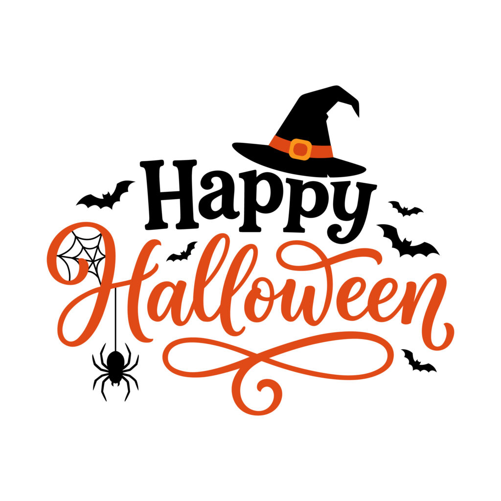 Happy Halloween text with witch hat and flying bats